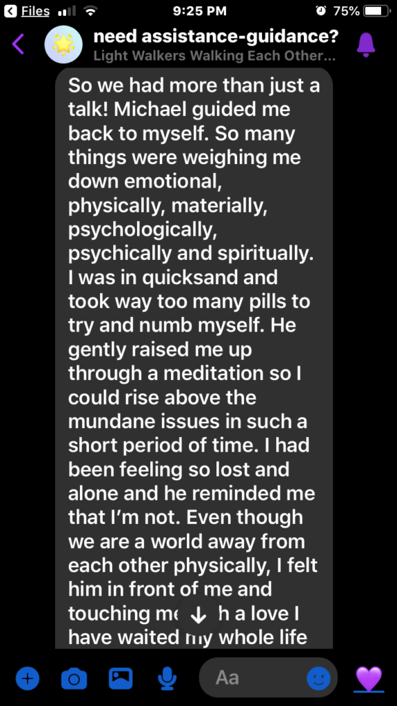 "Testimonial from Connie about Michael Maxim WhiteFeather’s one-on-one Mirror Therapy session: describes deep emotional and spiritual guidance, meditation, and practical health advice that helped her feel supported and uplifted."