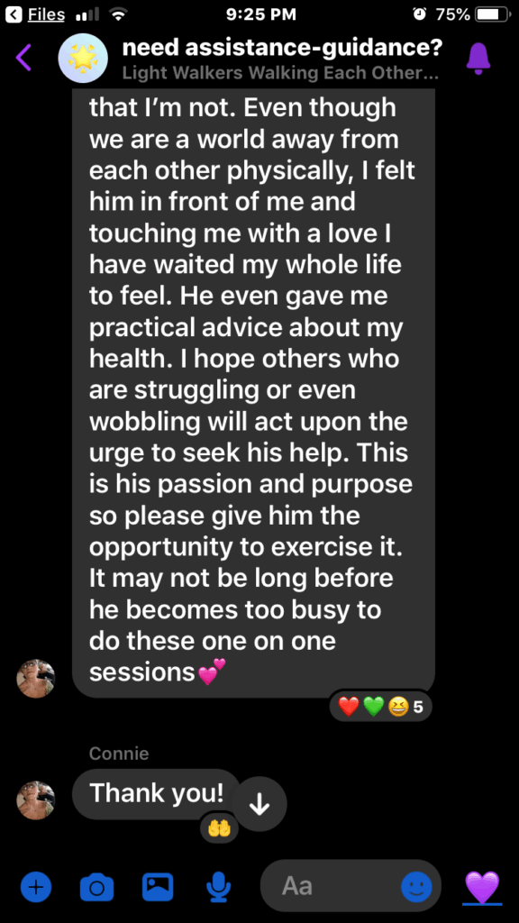 "Testimonial from Connie about Michael Maxim WhiteFeather’s one-on-one Mirror Therapy session: describes deep emotional and spiritual guidance, meditation, and practical health advice that helped her feel supported and uplifted."