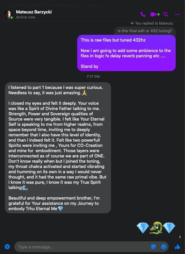 "Testimonial from Mateusz Barzycki about Michael’s guidance, Mirror Therapy combined with Meditative-Energizing Soundbath ∞ Vibrational Alignment Journey describing profound spiritual empowerment, activation of the throat chakra, and connection to the Eternal Self."
