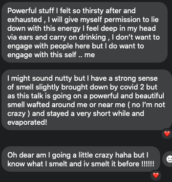 "Testimonial from Eileen about Michael’s guidance, Mirror Therapy combined with Meditative-Energizing Soundbath ∞ Vibrational Alignment Journey describing deep energetic sensations, heightened sensory experiences, release of pain, and gratitude for physical healing of her hand after long-term suffering."