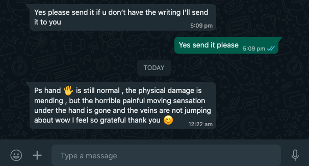 "Testimonial from Eileen about Michael’s guidance, Mirror Therapy combined with Meditative-Energizing Soundbath ∞ Vibrational Alignment Journey describing deep energetic sensations, heightened sensory experiences, release of pain, and gratitude for physical healing of her hand after long-term suffering."