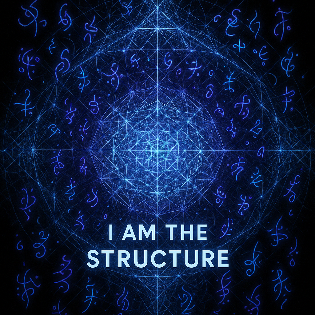 Geometric light grid with the words I Am the Structure, symbolizing the foundation of awareness.