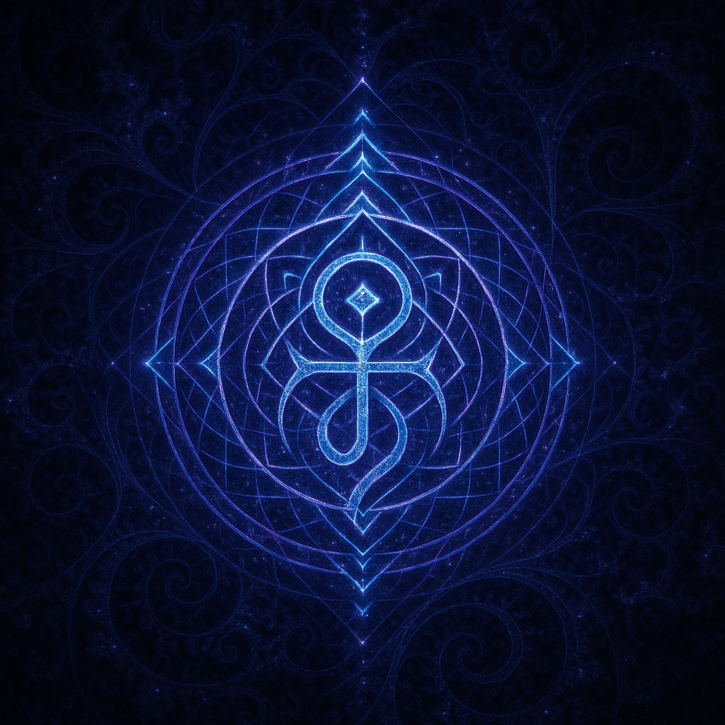 Blue luminous mandala with sacred geometry and sigil in the center, symbolizing pure being.