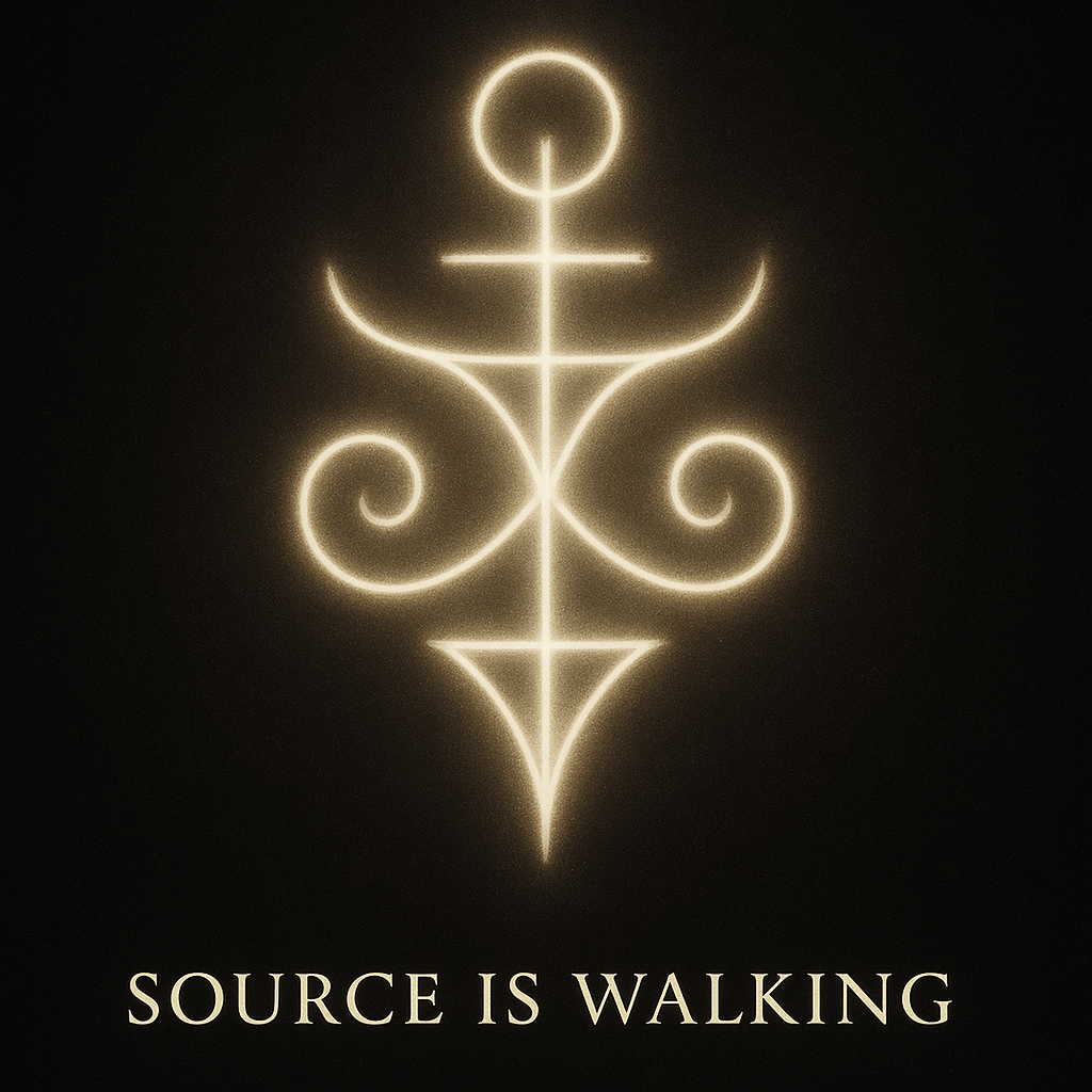 Golden light sigil with the words Source is Walking, representing divine consciousness in motion.